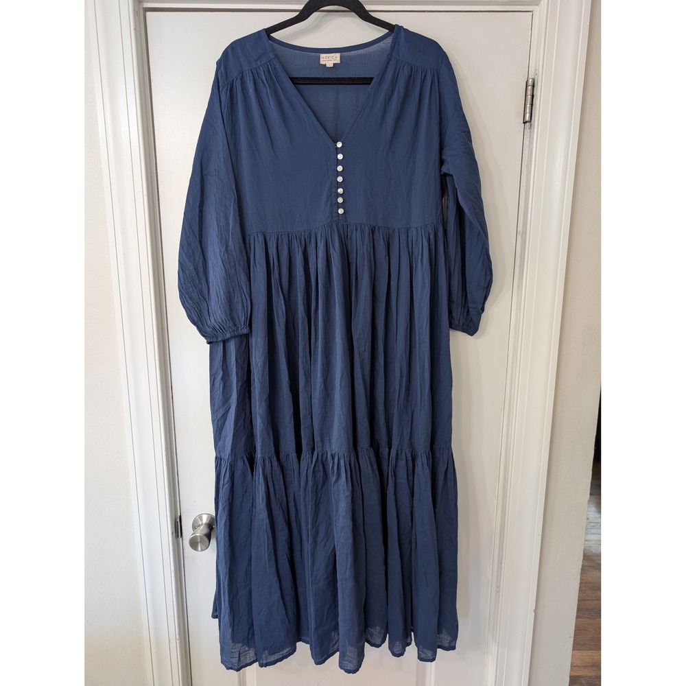 Novica Navy Blue Cotton Gauze Tiered Maxi Dress V-Neck Pockets Large oversized